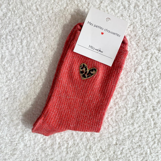 Chaussettes Cœur Léopard - Corail