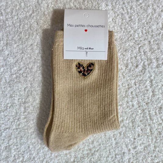 Chaussettes Cœur Léopard - Beige