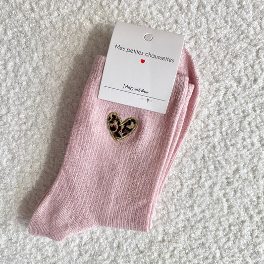 Chaussettes Cœur Léopard - Rose