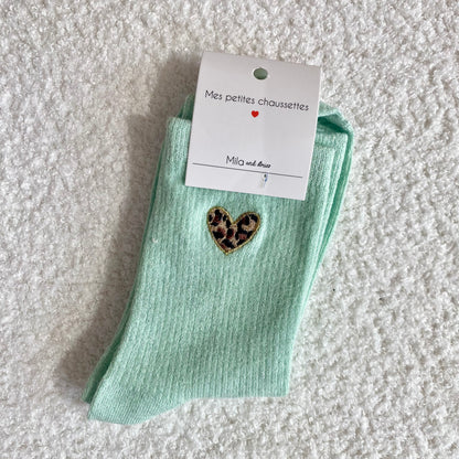 Chaussettes Cœur Léopard - Vert d’eau