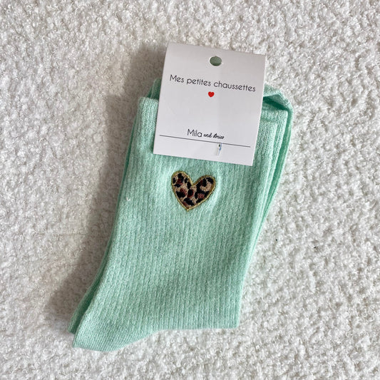 Chaussettes Cœur Léopard - Vert d’eau